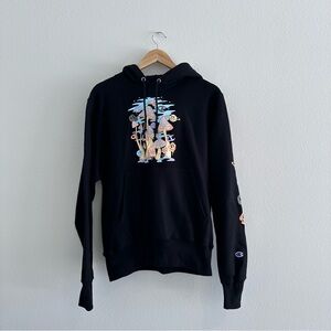 Champion Reverse Weave Sweater Mens Small Black Hoodie Mushrooms Smiley